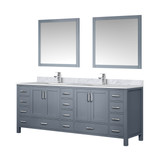 Lexora Jacques 84" Dark Grey Double Vanity Cabinet, White Carrara Marble Top, White Square Sinks and 34" Mirrors w/ Faucets