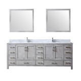 Lexora Jacques 84" Distressed Grey Double Vanity Cabinet, White Carrara Marble Top, White Square Sinks and 34" Mirrors w/ Faucets