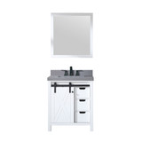 Lexora Marsyas 30" White Single Vanity Cabinet, Grey Quartz Top, White Square Sink and 28" Mirror w/ Faucet