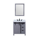 Lexora Marsyas 30" Dark Grey Single Vanity Cabinet, White Carrara Marble Top, White Square Sink and 28" Mirror w/ Faucet
