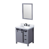 Lexora Marsyas 30" Dark Grey Single Vanity Cabinet, White Carrara Marble Top, White Square Sink and 28" Mirror w/ Faucet