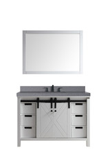 Lexora Marsyas 48" White Single Vanity Cabinet, Grey Quartz Top, White Square Sink and 44" Mirror w/ Faucet