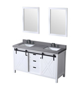 Lexora Marsyas 60" White Double Vanity Cabinet, Grey Quartz Top, White Square Sinks and 24" Mirrors w/ Faucets