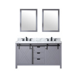 Lexora Marsyas 60" Dark Grey Double Vanity Cabinet, White Carrara Marble Top, White Square Sinks and 24" Mirrors w/ Faucets