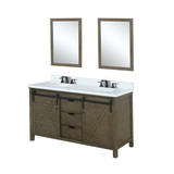 Lexora Marsyas 60" Rustic Brown Double Vanity Cabinet, White Quartz Top, White Square Sinks and 24" Mirrors w/ Faucets
