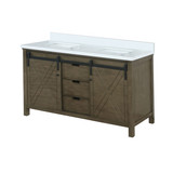 Lexora Marsyas 60" Rustic Brown Double Vanity Cabinet, White Quartz Top, White Square Sinks and no Mirror