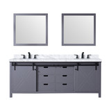 Lexora Marsyas 84" Dark Grey Double Vanity Cabinet, White Carrara Marble Top, White Square Sinks and 34" Mirrors w/ Faucets