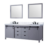 Lexora Marsyas 84" Dark Grey Double Vanity Cabinet, White Carrara Marble Top, White Square Sinks and 34" Mirrors w/ Faucets