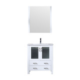 Lexora Volez 30" White Single Vanity Cabinet, Integrated Top, White Integrated Square Sink and 28" Mirror w/ Faucet