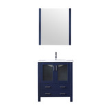 Lexora Volez 30" Navy Blue Single Vanity Cabinet, Integrated Top, White Integrated Square Sink and 28" Mirror w/ Faucet