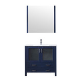 Lexora Volez 36" Navy Blue Single Vanity Cabinet, Integrated Top, White Integrated Square Sink and 34" Mirror w/ Faucet