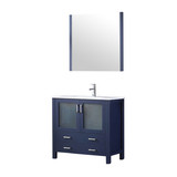Lexora Volez 36" Navy Blue Single Vanity Cabinet, Integrated Top, White Integrated Square Sink and 34" Mirror w/ Faucet