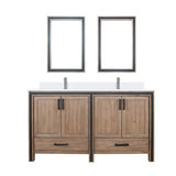 Lexora Ziva 60" Rustic Barnwood Double Vanity Cabinet, Cultured Marble Top, White Square Sink and 22" Mirrors w/ Faucet