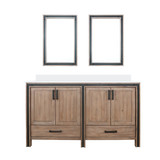 Lexora Ziva 60" Rustic Barnwood Double Vanity Cabinet, Cultured Marble Top, White Square Sink and 22" Mirrors