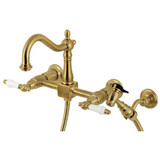 Kingston Brass KS1267PLBS Heritage Wall Mount Bridge Kitchen Faucet with Brass Sprayer, Brushed Brass