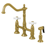 Kingston Brass KS1277PXBS Heritage Bridge Kitchen Faucet with Brass Sprayer, Brushed Brass