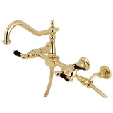 Kingston Brass KS1242PKLBS Duchess Wall Mount Bridge Kitchen Faucet with Brass Spray, Polished Brass