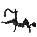 Kingston Brass KS1260PKLBS Duchess Wall Mount Bridge Kitchen Faucet with Brass Sprayer, Matte Black