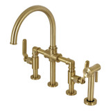 Kingston Brass KS2337KL Whitaker Industrial Style Bridge Kitchen Faucet with Brass Sprayer, Brushed Brass