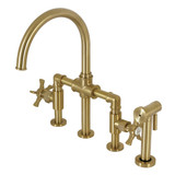 Kingston Brass KS2337NX Hamilton Industrial Style Bridge Kitchen Faucet with Brass Sprayer, Brushed Brass