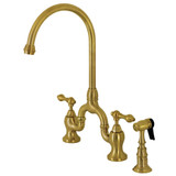 Kingston Brass KS7797ALBS English Country Bridge Kitchen Faucet with Brass Sprayer, Brushed Brass