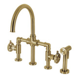 Kingston Brass  KS2337CG Fuller Industrial Style Bridge Kitchen Faucet with Brass Sprayer, Brushed Brass