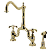 Kingston Brass KS7752TXBS French Country Bridge Kitchen Faucet with Brass Sprayer, Polished Brass