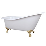 Kingston Brass Aqua Eden NHVCTND653129B2 61-Inch Cast Iron Single Slipper Clawfoot Tub (No Faucet Drillings), White/Polished Brass