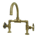 Kingston Brass KS2173RX Belknap Industrial Style Wheel Handle Bridge Bathroom Faucet with Pop-Up Drain, Antique Brass