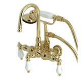 Kingston Brass CA9T2 Vintage 3-3/8" Tub Wall Mount Clawfoot Tub Faucet with Hand Shower, Polished Brass