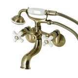 Kingston Brass KS226PXAB Kingston Wall Mount Clawfoot Tub Faucet with Hand Shower, Antique Brass