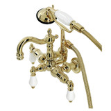 Kingston Brass CA1011T2 Heritage 3-3/8" Tub Wall Mount Clawfoot Tub Faucet with Hand Shower, Polished Brass