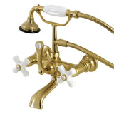 Kingston Brass AE559T7 Aqua Vintage 7-Inch Wall Mount Tub Faucet with Hand Shower, Brushed Brass