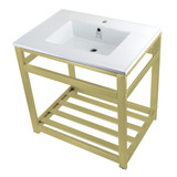 Kingston Brass VWP3122A7 Quadras 31-Inch Ceramic Console Sink (1-Hole), White/Brushed Brass