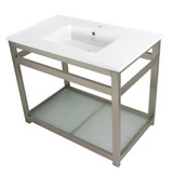 Kingston Brass Fauceture VWP3722B8 Quadras 37-Inch Ceramic Console Sink (1-Hole) with Glass Shelf, White/Brushed Nickel