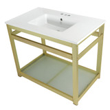 Kingston Brass Fauceture VWP3722W4B7 Quadras 37-Inch Ceramic Console Sink (4-Inch, 3-Hole) with Glass Shelf, White/Brushed Brass