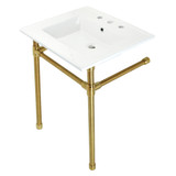 Kingston Brass KVPB25227W87 Dreyfuss 25" Console Sink with Stainless Steel Legs (8-Inch, 3 Hole), White/Brushed Brass