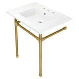 Kingston Brass KVPB31227W87 Dreyfuss 31" Console Sink with Stainless Steel Legs (8-Inch, 3 Hole), White/Brushed Brass