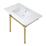 Kingston Brass KVPB37227W47 Dreyfuss 37-Inch Console Sink with Stainless Steel Legs (4-Inch, 3 Hole), White/Brushed Brass