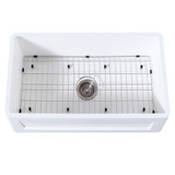 Kingston Brass Gourmetier KGKFA331810SQ 33" x 18" Farmhouse Kitchen Sink with Strainer and Grid, Matte White/Brushed