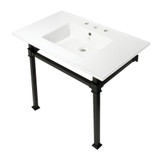 Kingston Brass KVPB37228Q0 Monarch 37-Inch Console Sink with Stainless Steel Legs (8-Inch, 3 Hole), White/Matte Black