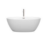 Wyndham WCBTE306159MWATP11BN Juno 59 Inch Freestanding Bathtub in Matte White with Floor Mounted Faucet, Drain and Overflow Trim in Brushed Nickel