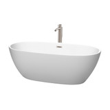 Wyndham WCBTE306167MWATP11BN Juno 67 Inch Freestanding Bathtub in Matte White with Floor Mounted Faucet, Drain and Overflow Trim in Brushed Nickel