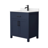 Wyndham WCG242430SBBCCUNSMXX Beckett 30 Inch Single Bathroom Vanity in Dark Blue, Carrara Cultured Marble Countertop, Undermount Square Sink, Matte Black Trim