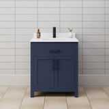 Wyndham WCG242430SBBWCUNSMXX Beckett 30 Inch Single Bathroom Vanity in Dark Blue, White Cultured Marble Countertop, Undermount Square Sink, Matte Black Trim