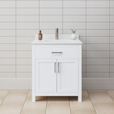 Wyndham WCG242430SWHCCUNSMXX Beckett 30 Inch Single Bathroom Vanity in White, Carrara Cultured Marble Countertop, Undermount Square Sink, Brushed Nickel Trim