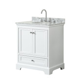 Wyndham WCS202030SWHCMUNOMXX Deborah 30 Inch Single Bathroom Vanity in White, White Carrara Marble Countertop, Undermount Oval Sink, and No Mirror