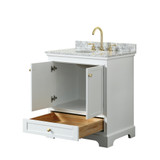 Wyndham WCS202030SWGCMUNOMXX Deborah 30 Inch Single Bathroom Vanity in White, White Carrara Marble Countertop, Undermount Oval Sink, Brushed Gold Trim, No Mirror