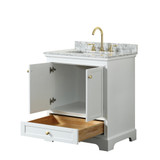 Wyndham WCS202030SWGCMUNSMXX Deborah 30 Inch Single Bathroom Vanity in White, White Carrara Marble Countertop, Undermount Square Sink, Brushed Gold Trim, No Mirror