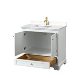 Wyndham WCS202036SWGC2UNSMXX Deborah 36 Inch Single Bathroom Vanity in White, Carrara Cultured Marble Countertop, Undermount Square Sink, Brushed Gold Trim, No Mirror